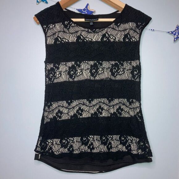 Cynthia Rowley, Short Sleeve Striped Top with Full Lace Overlay, Women’s Small - Picture 1 of 6